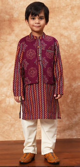 Maroon Striped Cotton Kurta with Printed Jacket and Off White Pants